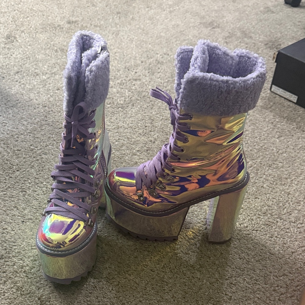 Shimmering Iridescent Heeled Boots with Plush Lavender Trim